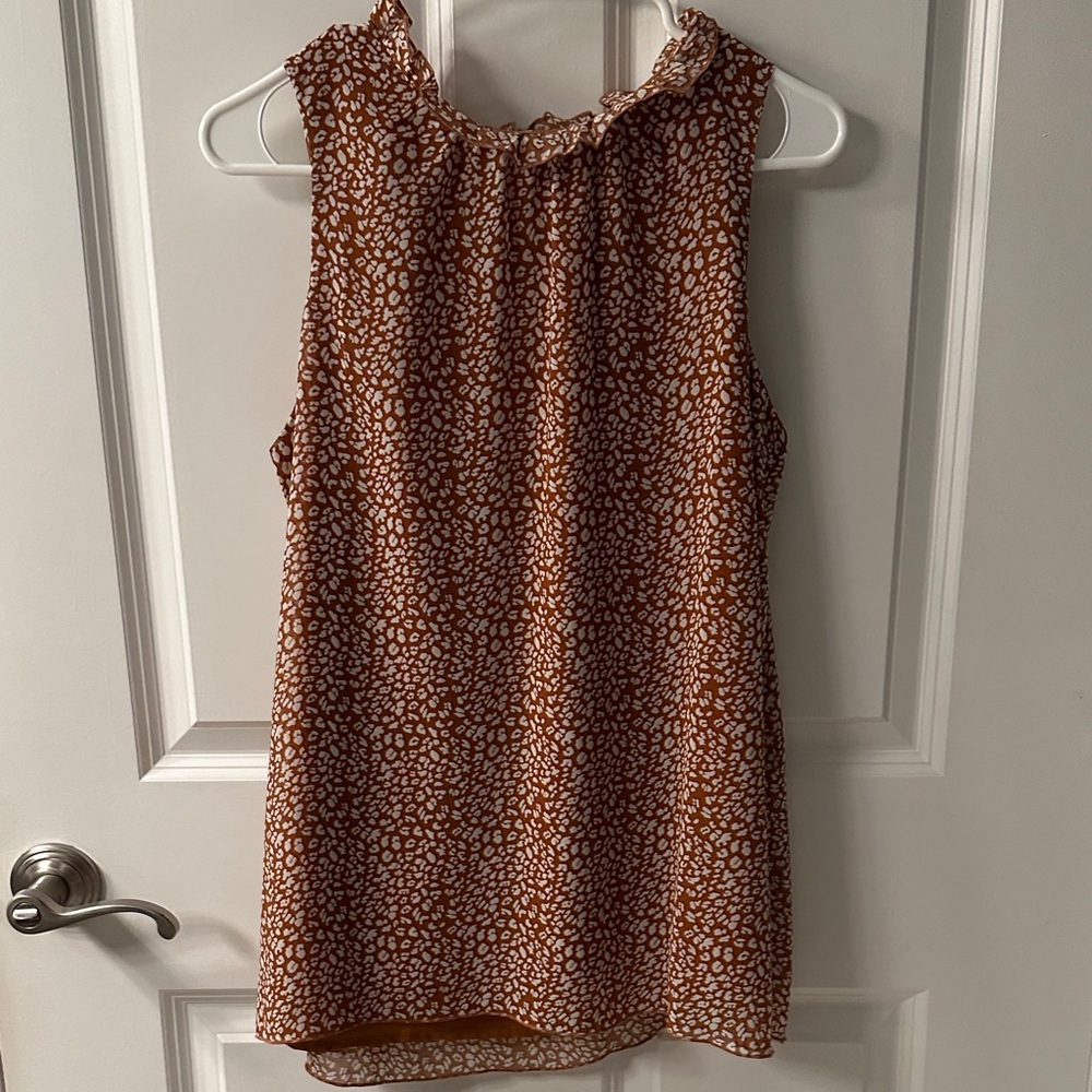 Rust Brown Sleeveless Ruffle Neck Blouse